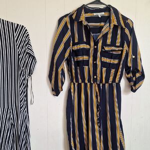 Speed Control Navy, Mustard & White Striped Long Sleeve Shirt Dress